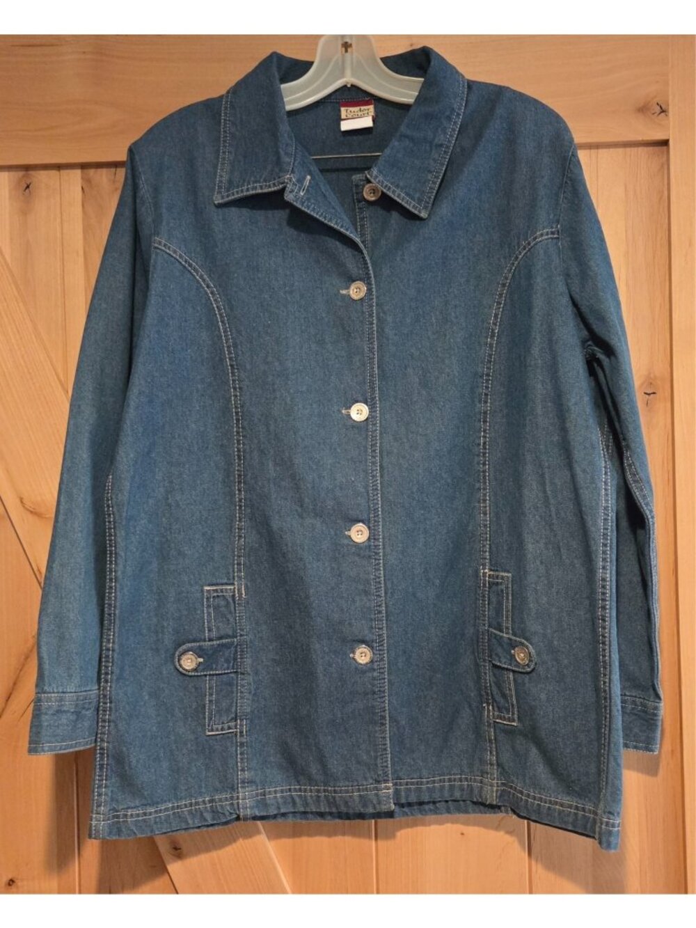 Tudor Court Size L Denim Shirt Jacket Blue Cotton Button Pockets Princess Seam